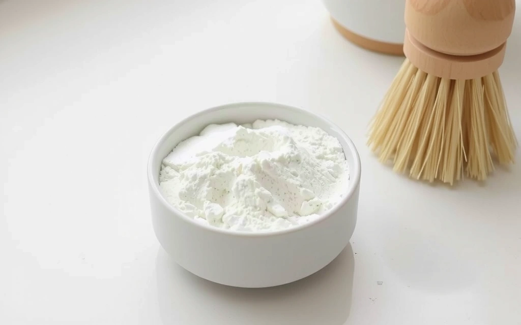 Bicarbonat de sodiu într-un bol, cu o perie de curățat alături