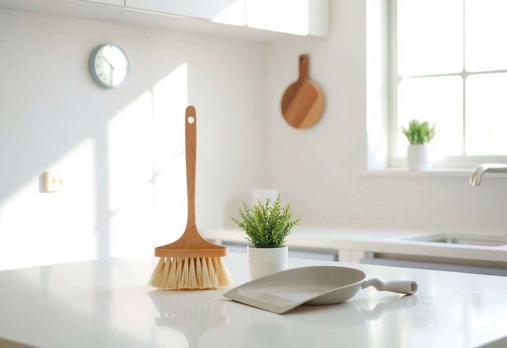 Bucătărie curată și organizată, cu ustensile de curățenie la vedere