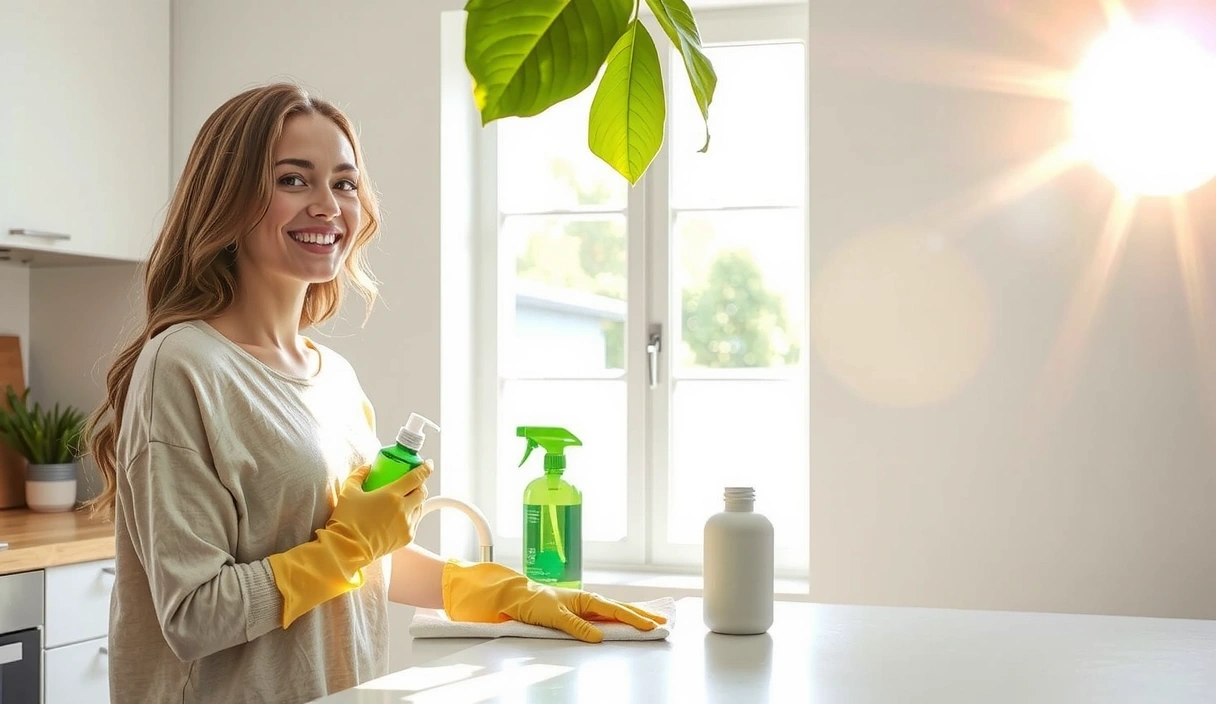 Femeie curățând cu produse ecologice într-o bucătărie luminoasă