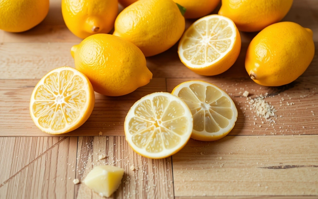 Lămâi tăiate și coji de lămâie pe o masă, emanând un miros proaspăt