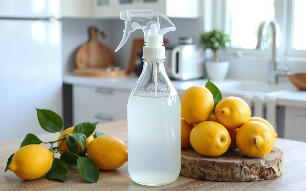 Oțet alb într-o sticlă de pulverizare, alături de lămâi proaspete