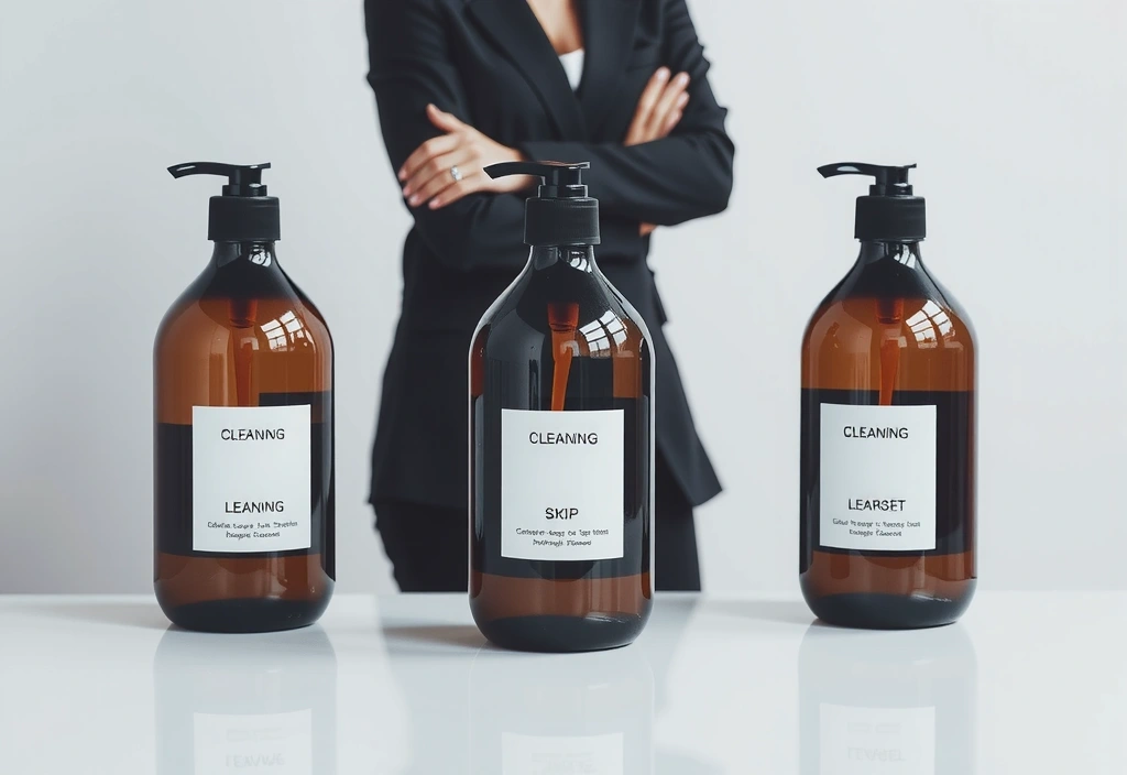 Trei produse de curățenie profesionale, aranjate elegant