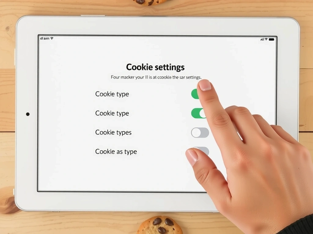 Mână apăsând un buton de setări de cookie-uri pe o tabletă