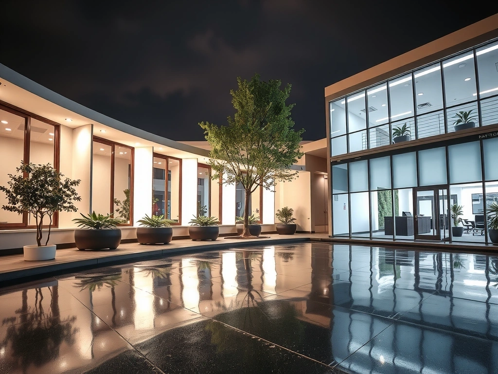 Clădiri de birouri moderne iluminate pe timp de noapte, reflectând curățenia și ordinea din interior.
