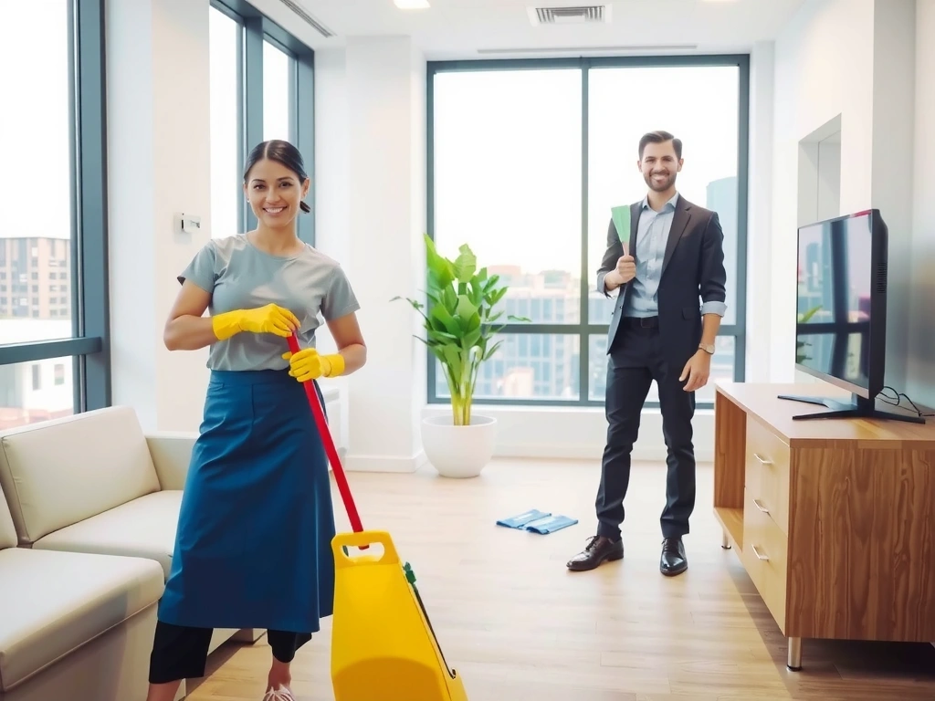 Echipă de curățenie profesională într-un birou modern și luminos, cu angajați zâmbitori și echipamente de ultimă generație.