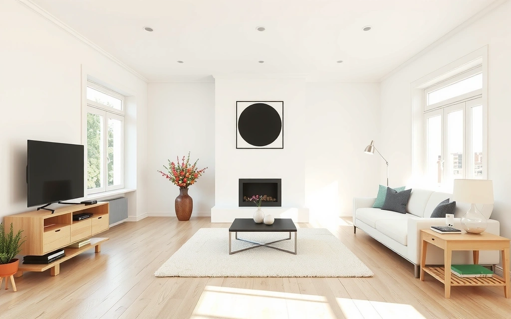 Living room impecabil curățat, cu mobilier modern și lumină naturală abundentă