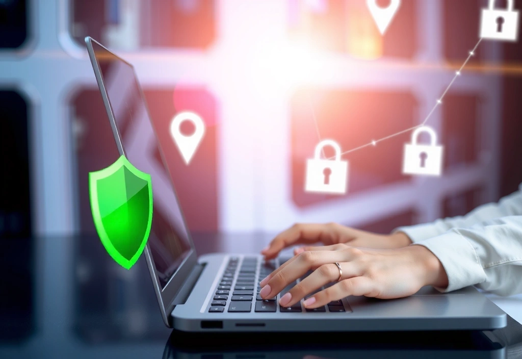 Ilustrație cu o persoană care navighează pe internet în siguranță