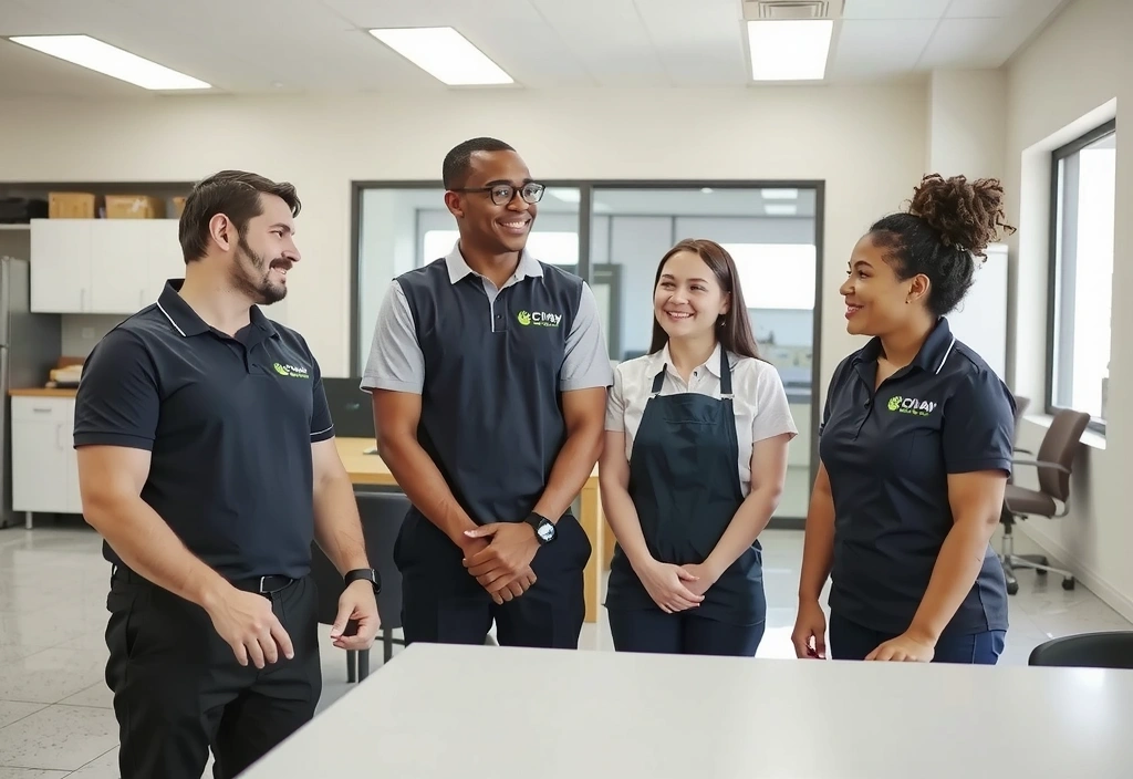 Angajați CityClean zâmbind și discutând într-un spațiu de lucru curat