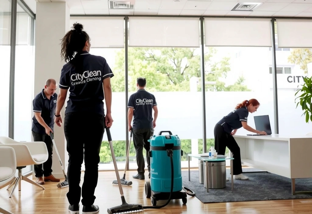 Echipă de curățenie profesională într-un birou modern