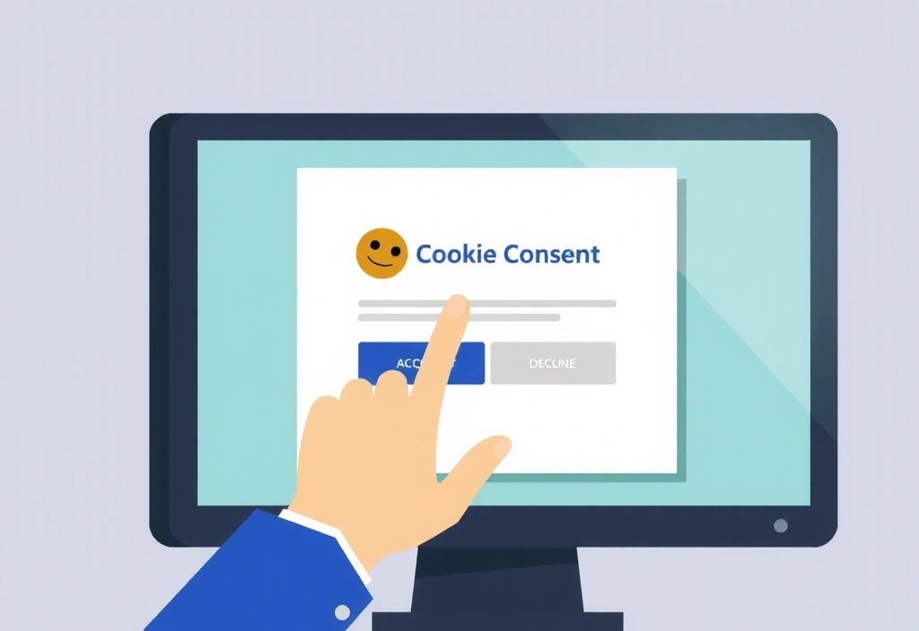 Ilustrație cu o mână care acceptă sau refuză cookie-uri într-un pop-up pe un ecran de computer