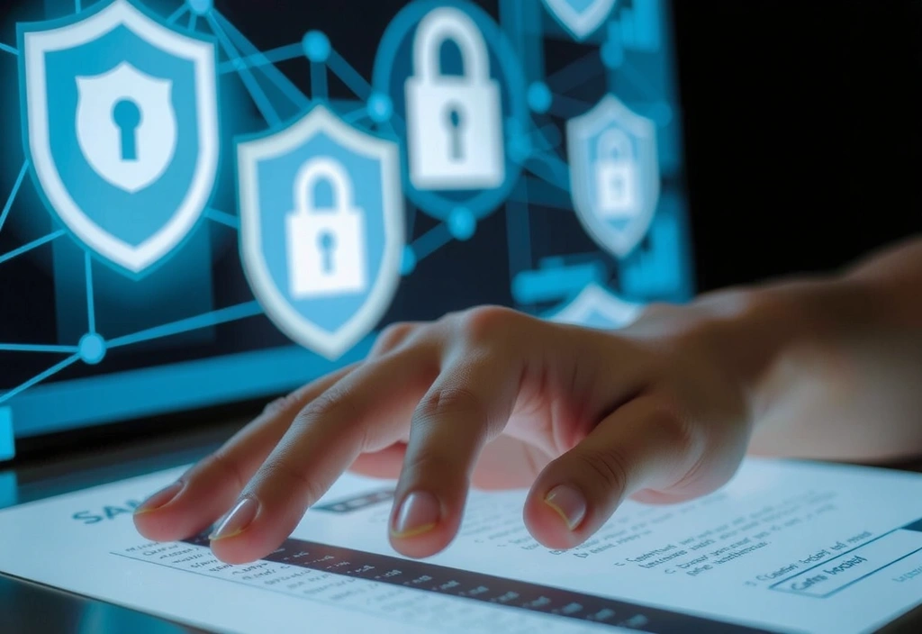 Mână care introduce date pe un formular digital cu elemente de securitate cibernetică în fundal