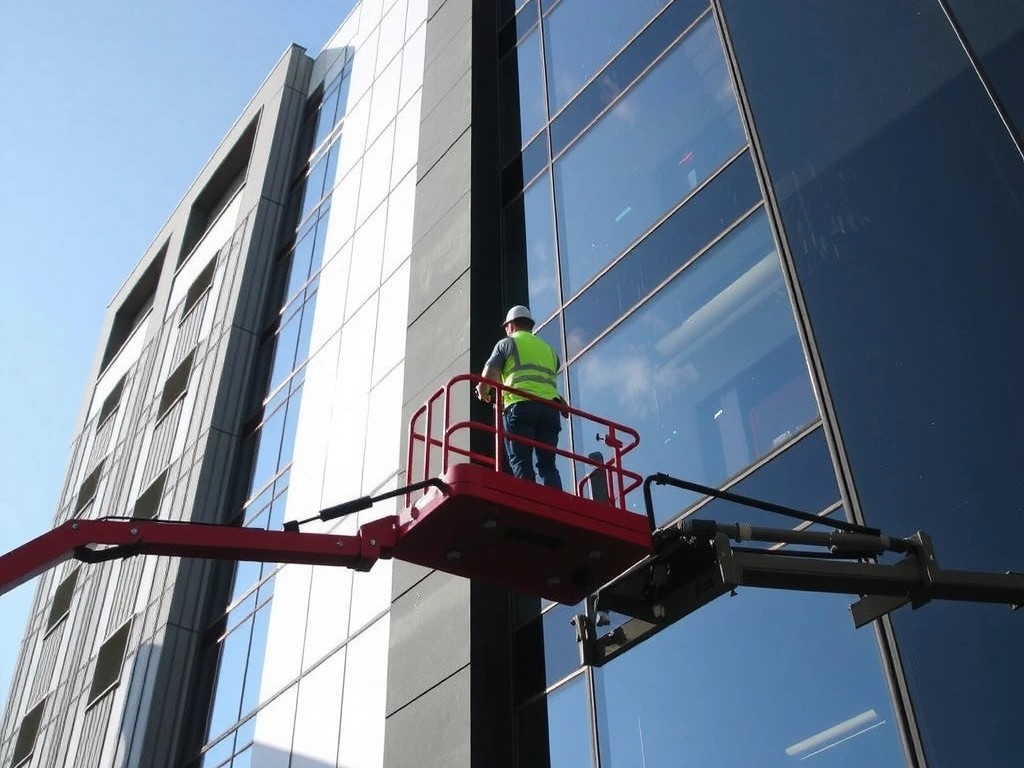 Curățenie fațadă clădire cu nacelă