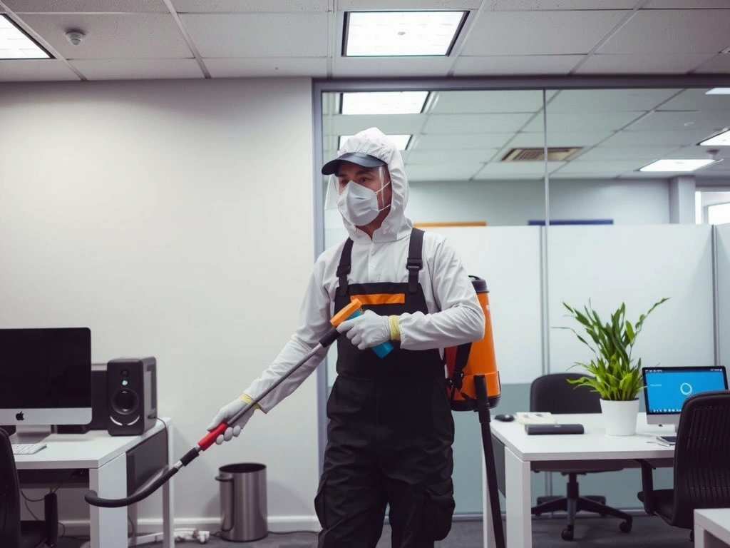 Tehnician dezinfectând o suprafață