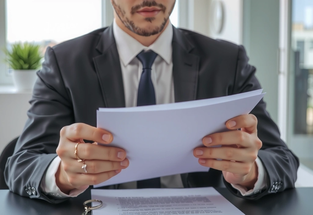 Imagine reprezentând o persoană care citește documente legale, simbolizând claritatea termenilor și condițiilor.